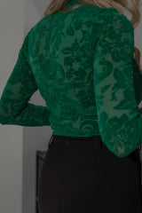 RAEF THE LABEL - FLOCKED LACE LONG SLEEVE TOP - APPLE GREEN