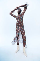 SIR. - AVELLINO CASCADE DRESS - CHOCOLATE FIORE PRINT