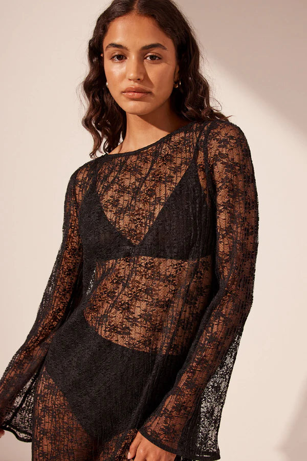 SHONA JOY - SOL LACE LONG SLEEVE MIDI DRESS - BLACK