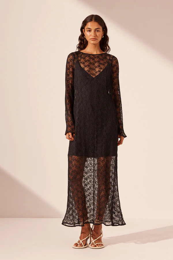 SHONA JOY - SOL LACE LONG SLEEVE MIDI DRESS - BLACK