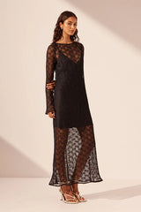 SHONA JOY - SOL LACE LONG SLEEVE MIDI DRESS - BLACK