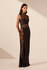 SHONA JOY - LACE HIGH NECK MAXI DRESS - BLACK