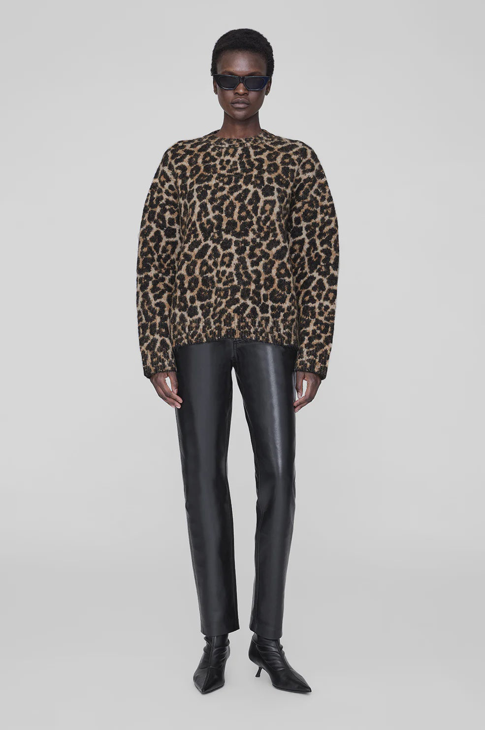 ANINE BING -SYDNEY CREW SWEATER - BLACK AND BROWN LEOPARD
