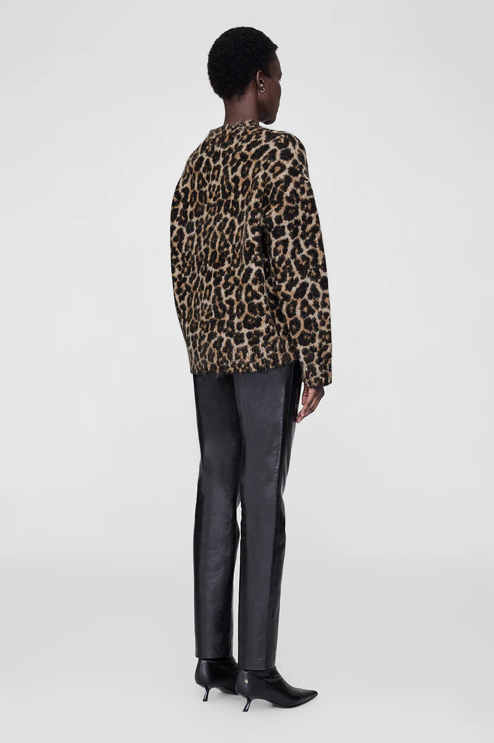 ANINE BING -SYDNEY CREW SWEATER - BLACK AND BROWN LEOPARD