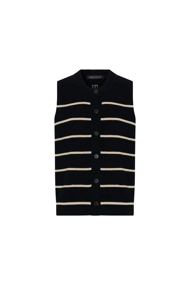 CAMILLA AND MARC - GALE BUTTON UP SLEEVELESS CARDIGAN - BLACK & BEIGE STRIPE