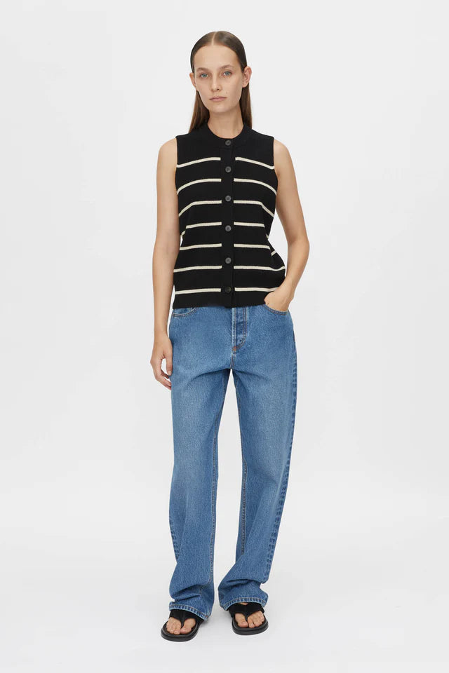 CAMILLA AND MARC - GALE BUTTON UP SLEEVELESS CARDIGAN - BLACK & BEIGE STRIPE