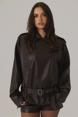 RAEF THE LABEL - BERKLEY VEGAN LEATHER BIKER JACKET - DARK TRUFFLE