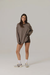 RAEF THE LABEL - FRANKIE CREW NECK FLEECE - DARK TRUFFLE/STRIPE