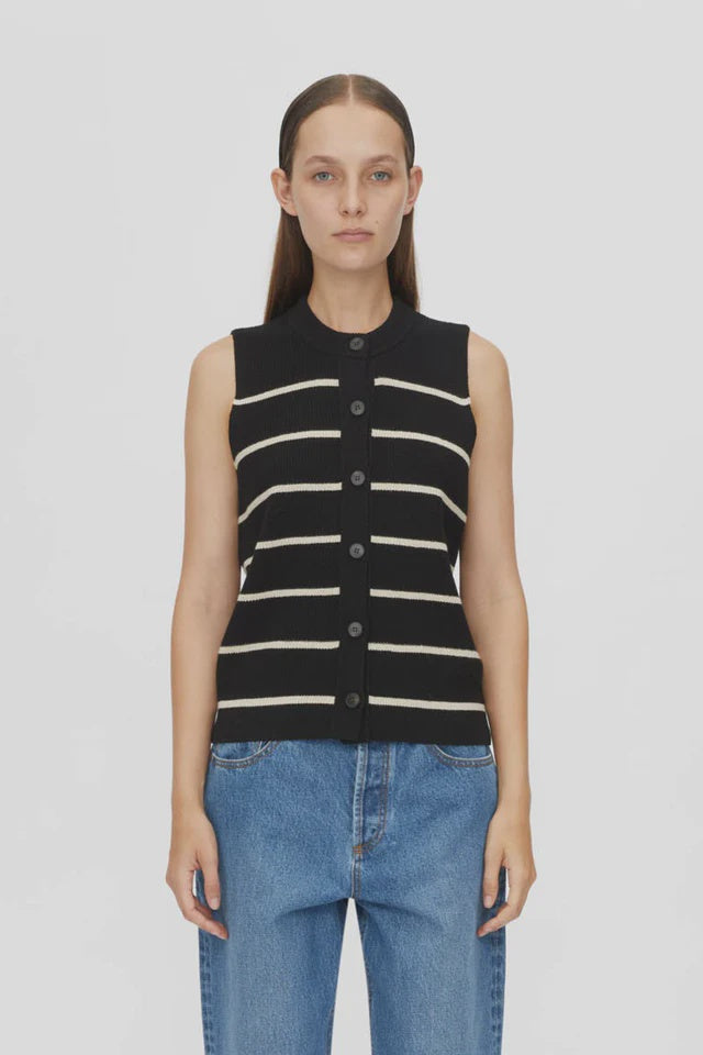 CAMILLA AND MARC - GALE BUTTON UP SLEEVELESS CARDIGAN - BLACK & BEIGE STRIPE