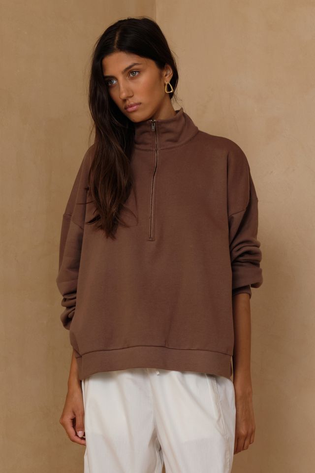 LILYA - ZIP VINTAGE SWEATER - CHOCOLATE