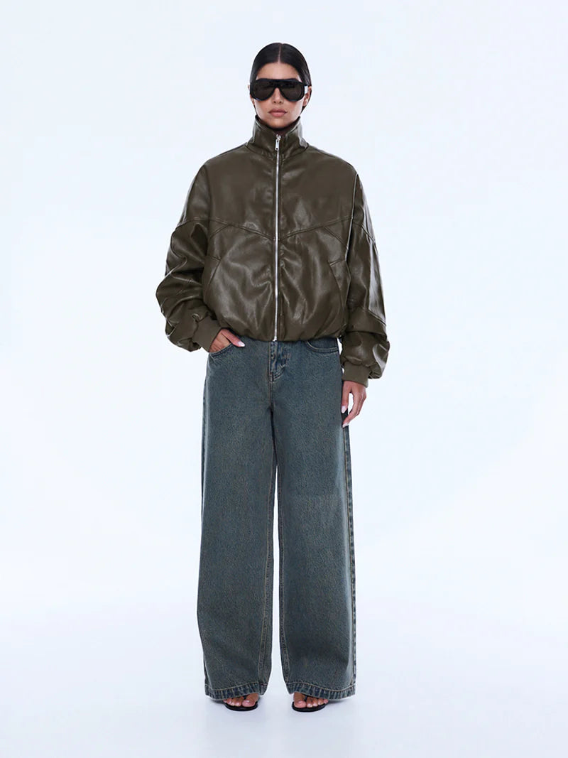 ENA PELLY - KHYA FAUX LEATHER BOMBER - OLIVE