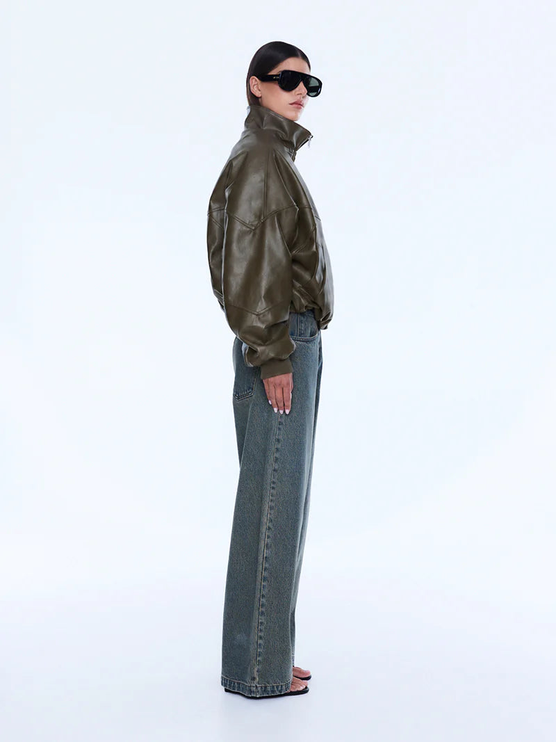 ENA PELLY - KHYA FAUX LEATHER BOMBER - OLIVE