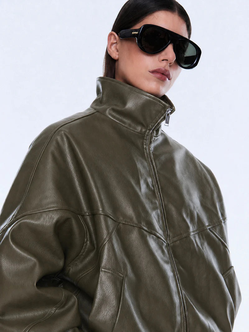 ENA PELLY - KHYA FAUX LEATHER BOMBER - OLIVE