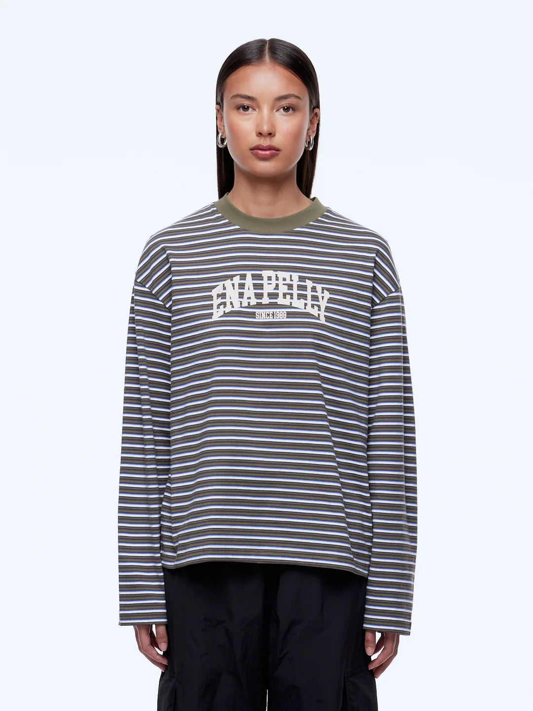 ENA PELLY - MARIA BOXY LONG SLEEVE TEE  - MONROE - GREEN MULTI STRIPE