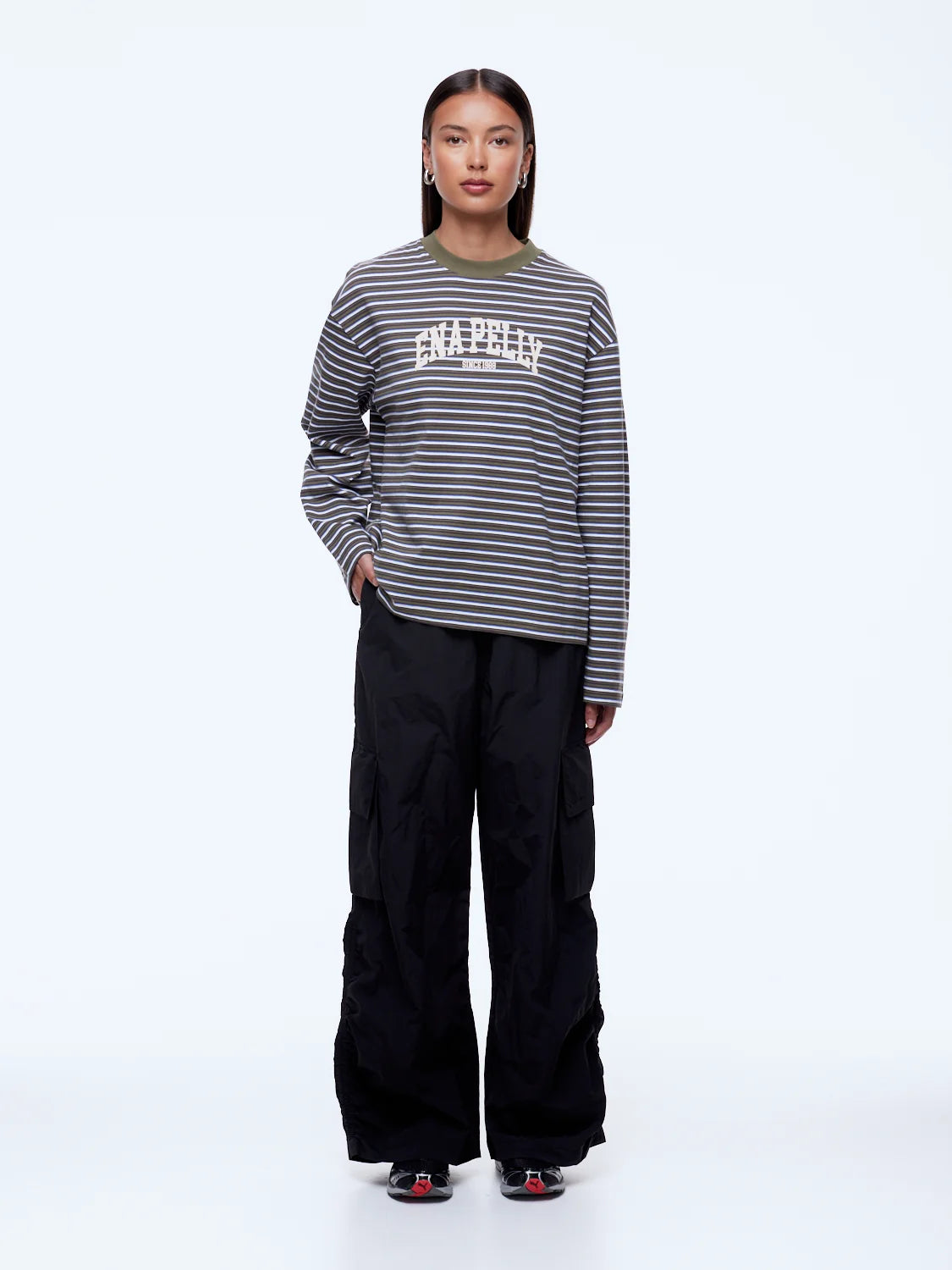ENA PELLY - MARIA BOXY LONG SLEEVE TEE  - MONROE - GREEN MULTI STRIPE