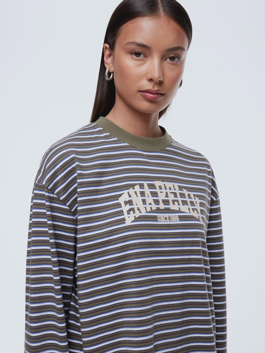 ENA PELLY - MARIA BOXY LONG SLEEVE TEE  - MONROE - GREEN MULTI STRIPE