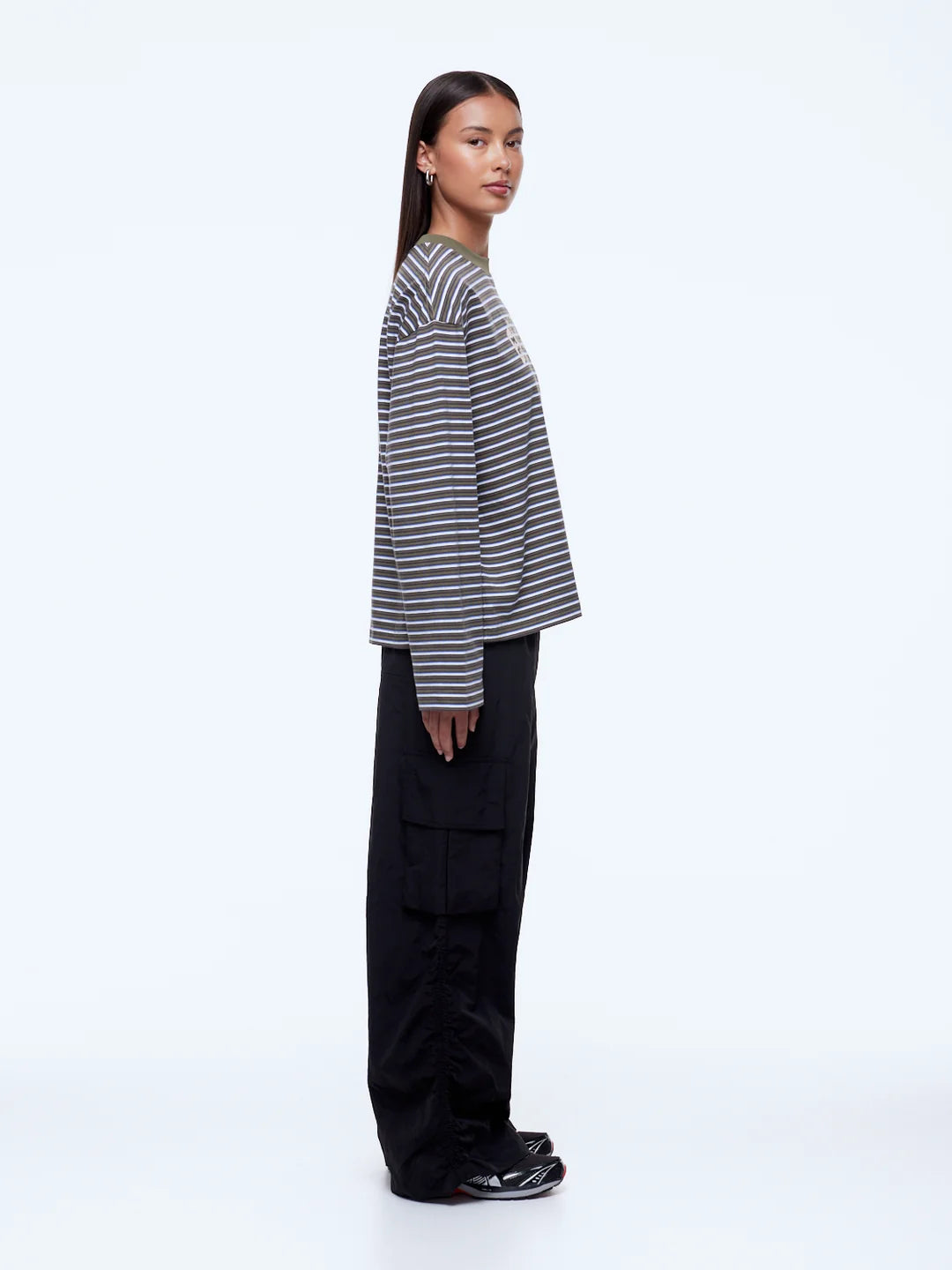 ENA PELLY - MARIA BOXY LONG SLEEVE TEE  - MONROE - GREEN MULTI STRIPE