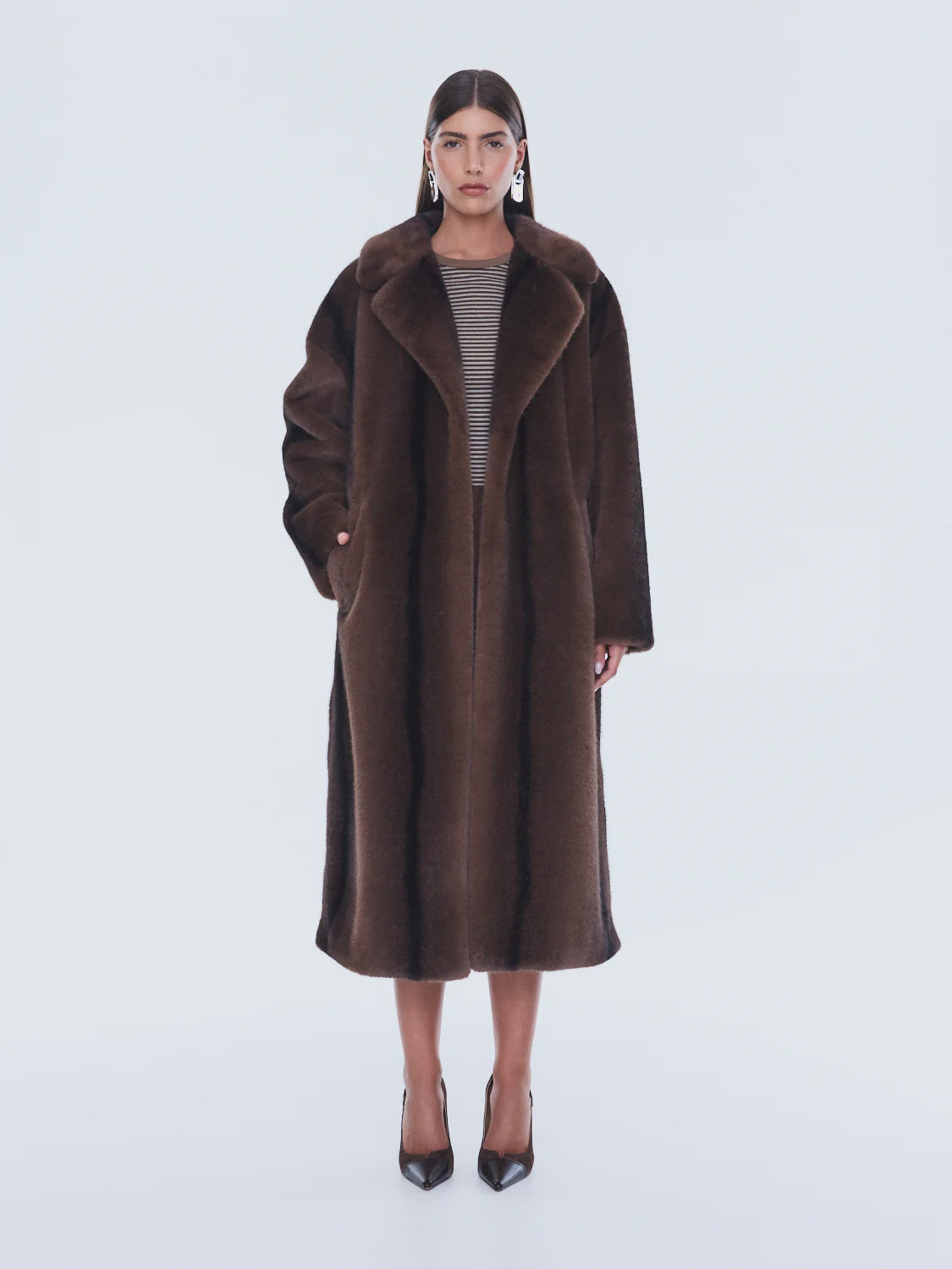 ENA PELLY - NOVA LONGLINE FAUX FUR JACKET - BROWN MULTI