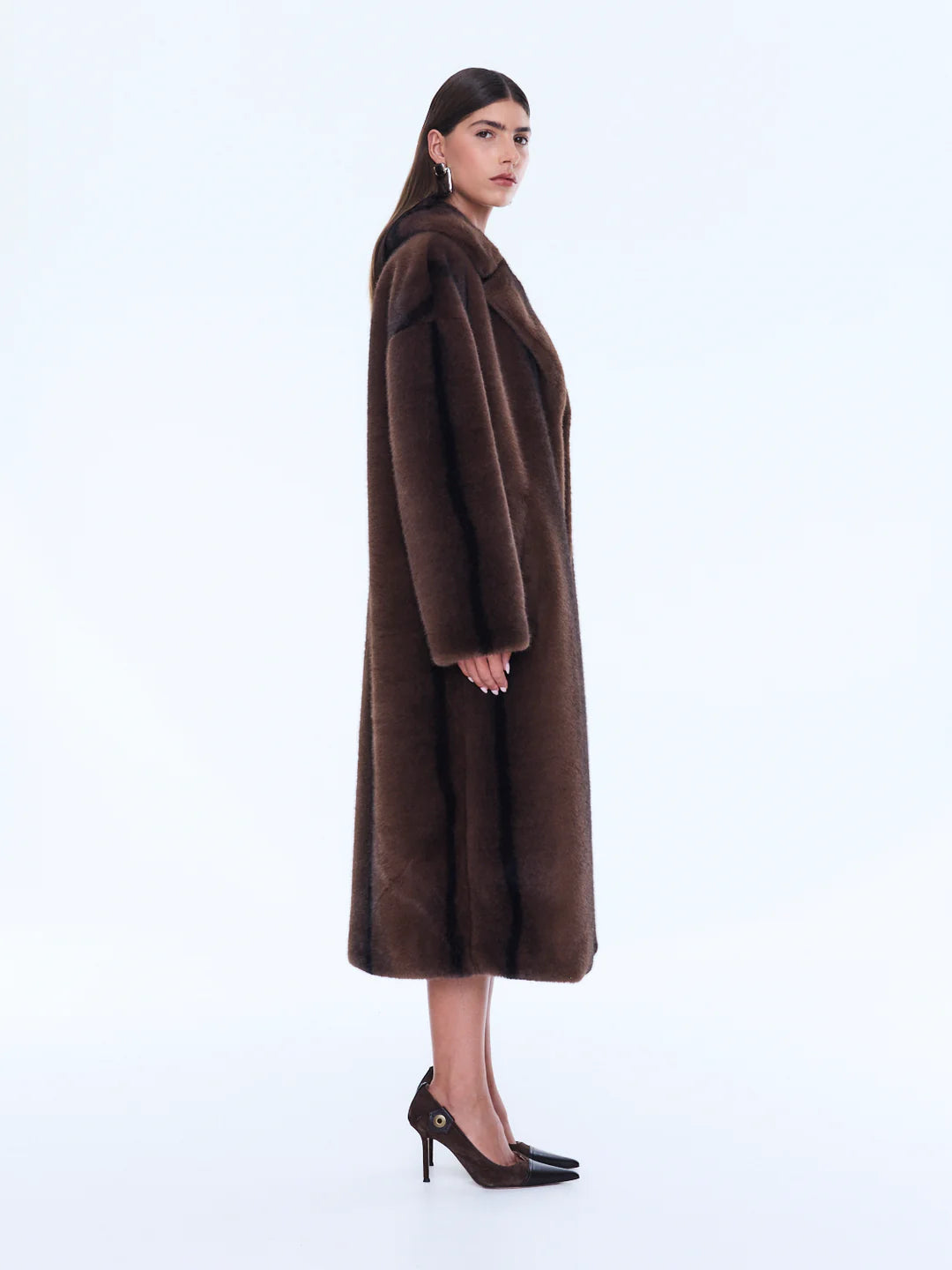 ENA PELLY - NOVA LONGLINE FAUX FUR JACKET - BROWN MULTI