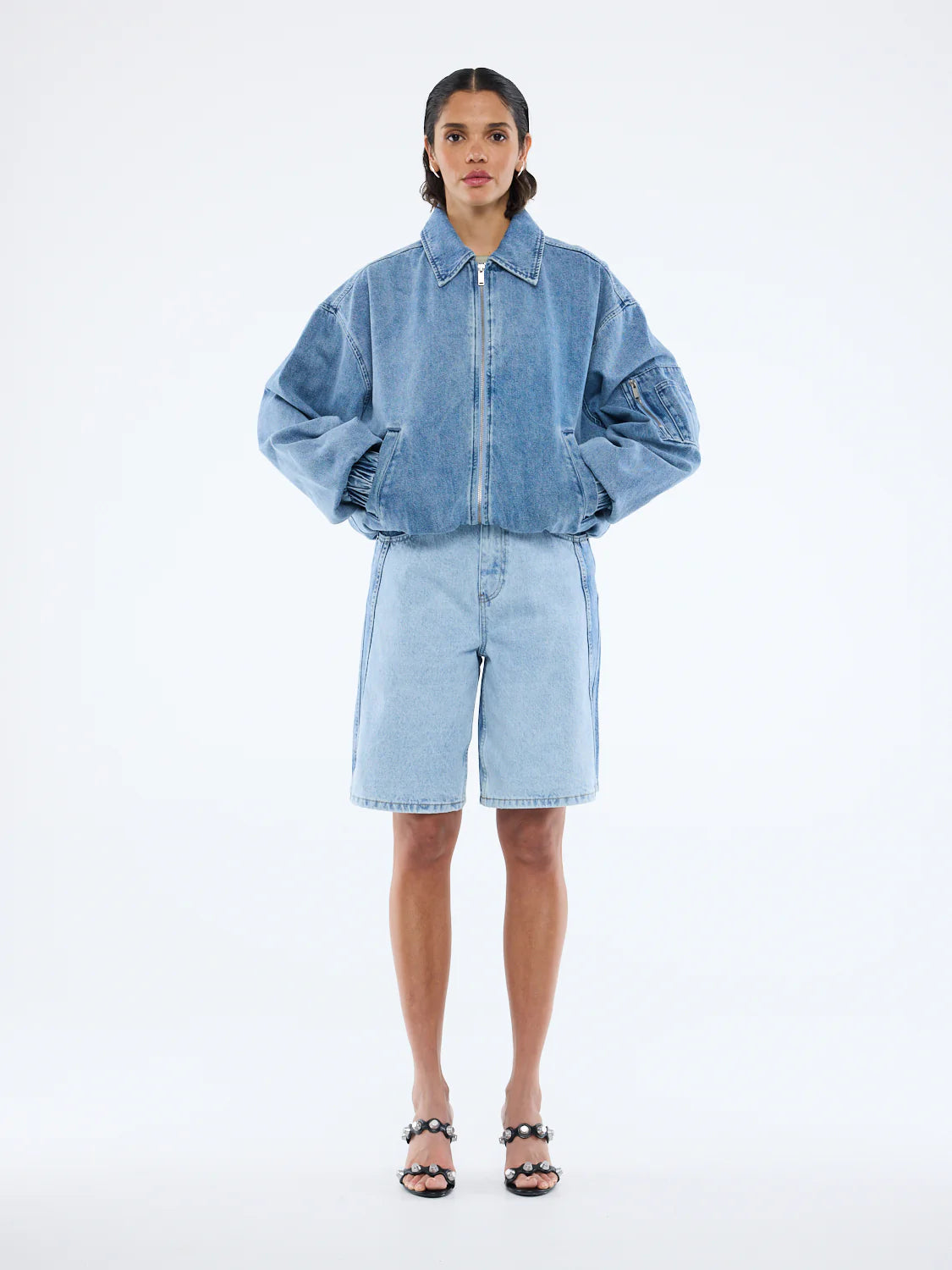 ENA PELLY - HARLOW DENIM BOMBER - MID BLUE WASH