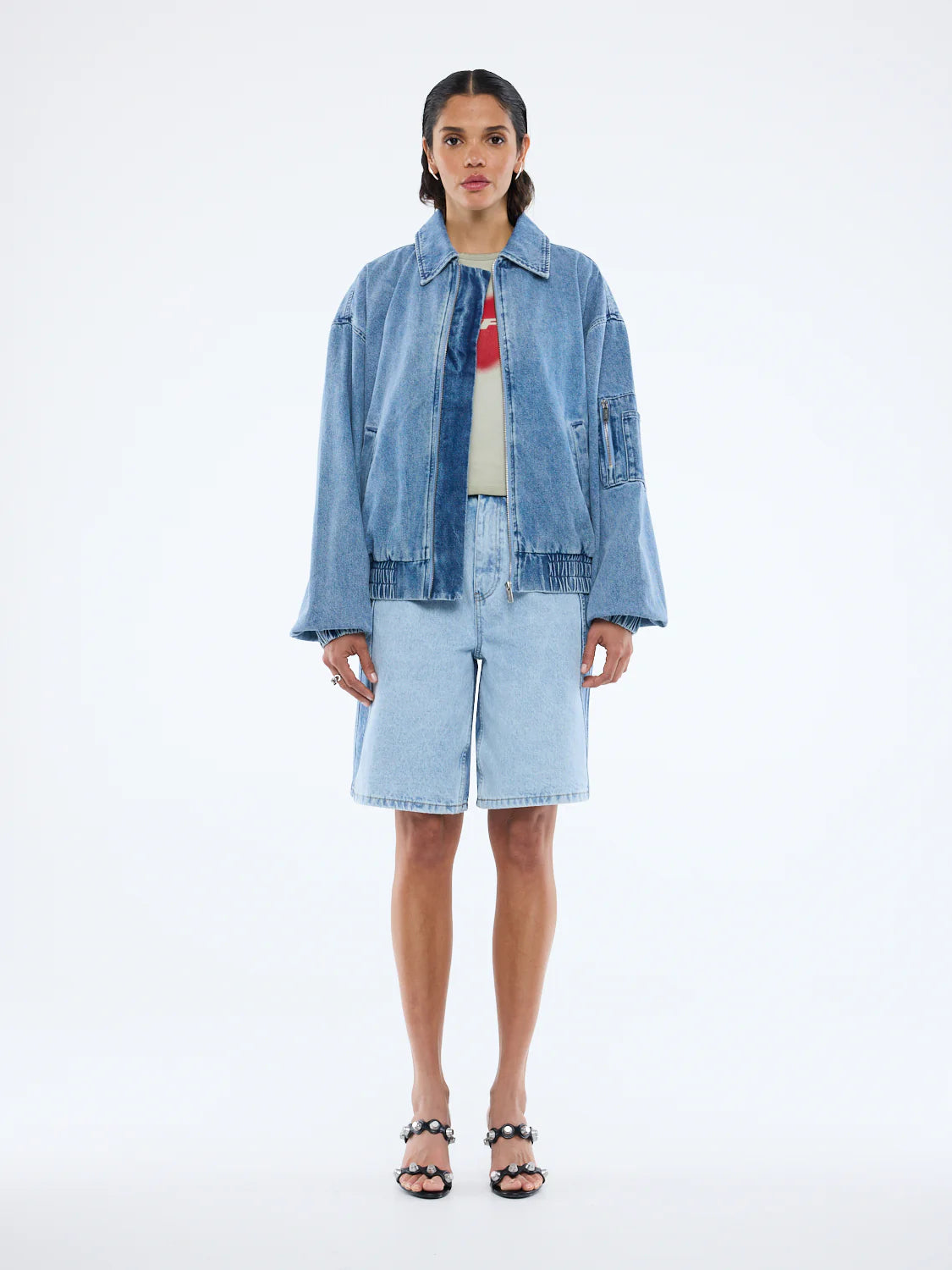 ENA PELLY - HARLOW DENIM BOMBER - MID BLUE WASH