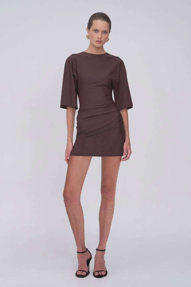 SUBOO - IVY CAPE SLEEVE MINI DRESS - CHOCOLATE