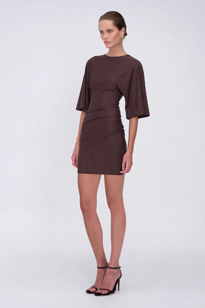 SUBOO - IVY CAPE SLEEVE MINI DRESS - CHOCOLATE