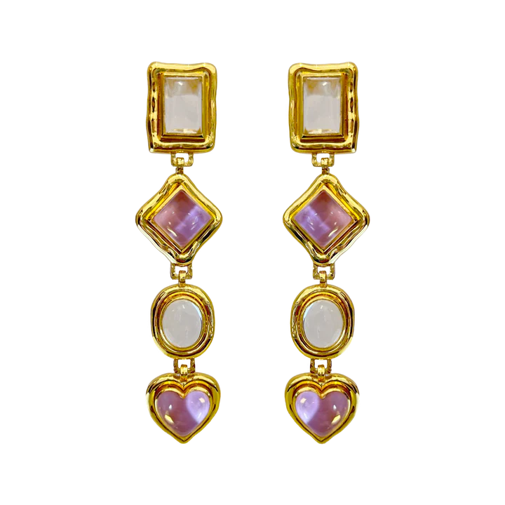 MOUNTAIN & MOON - NAOMI EARRINGS - GOLD / PINK GLASS & CRYSTAL QUARTZ