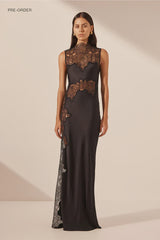 SHONA JOY - LACE HIGH NECK MAXI DRESS - BLACK