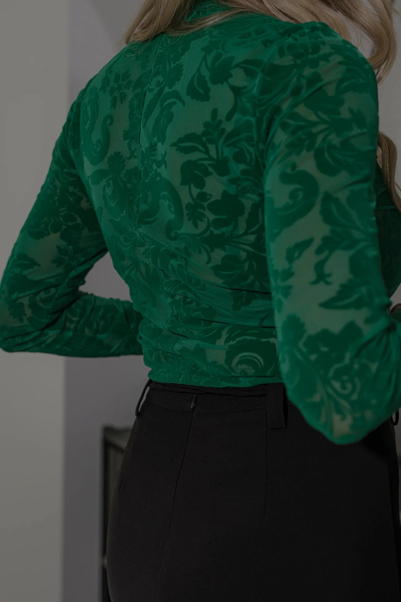RAEF THE LABEL - FLOCKED LACE LONG SLEEVE TOP - APPLE GREEN