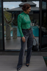 RAEF THE LABEL - FLOCKED LACE LONG SLEEVE TOP - APPLE GREEN