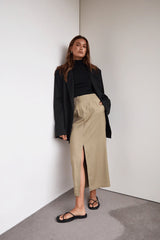 RAEF THE LABEL - ZOE SPLIT MIDI SKIRT - OLIVE STRIPE