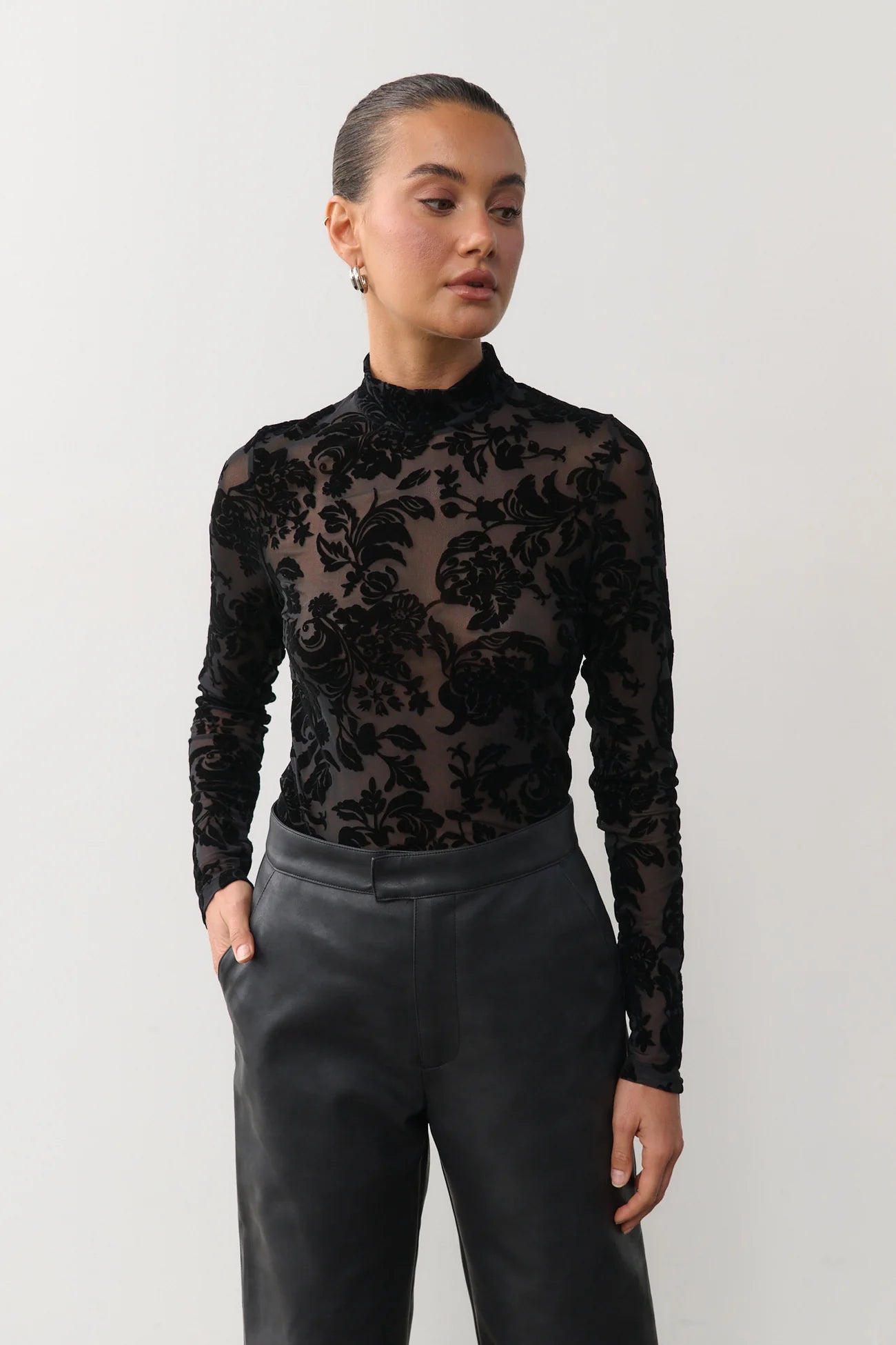 RAEF THE LABEL - FLOCKED LACE TOP - BLACK