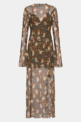 SIR. - AVELLINO CASCADE DRESS - CHOCOLATE FIORE PRINT