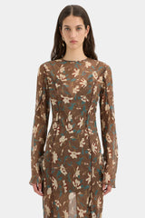 SIR. - AVELLINO CASCADE DRESS - CHOCOLATE FIORE PRINT