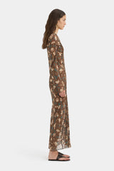 SIR. - AVELLINO CASCADE DRESS - CHOCOLATE FIORE PRINT