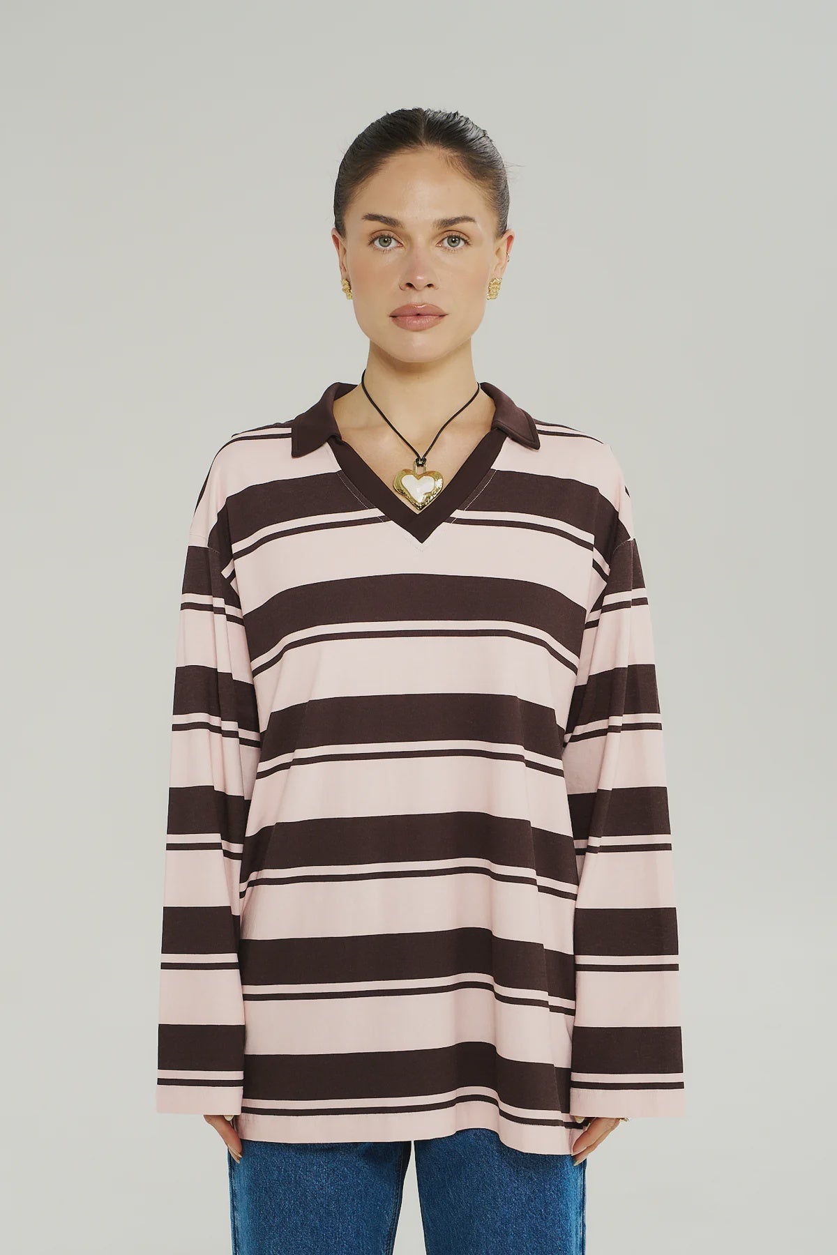 PREORDER - SUMMI SUMMI - LS POLO TOP - CHOC ROSE STRIPE