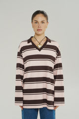 PREORDER - SUMMI SUMMI - LS POLO TOP - CHOC ROSE STRIPE