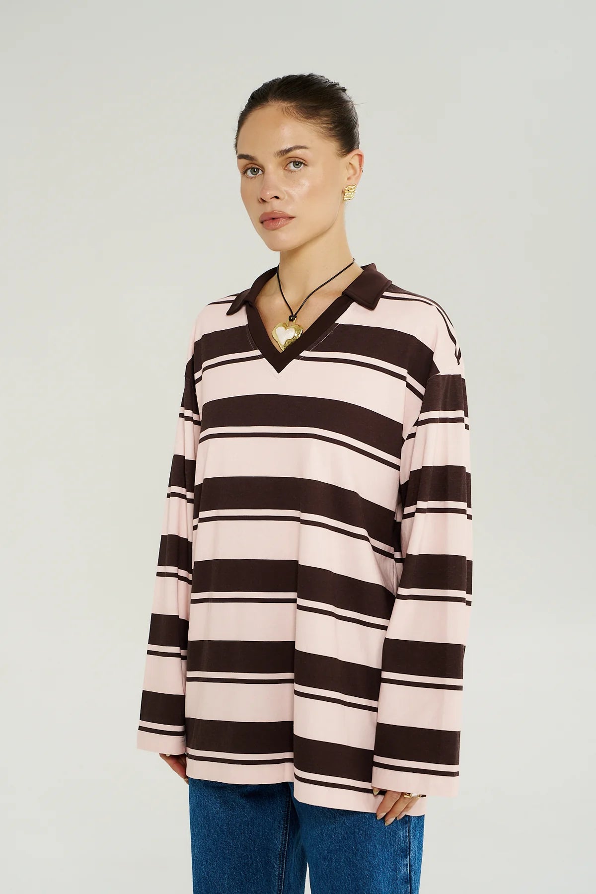 PREORDER - SUMMI SUMMI - LS POLO TOP - CHOC ROSE STRIPE