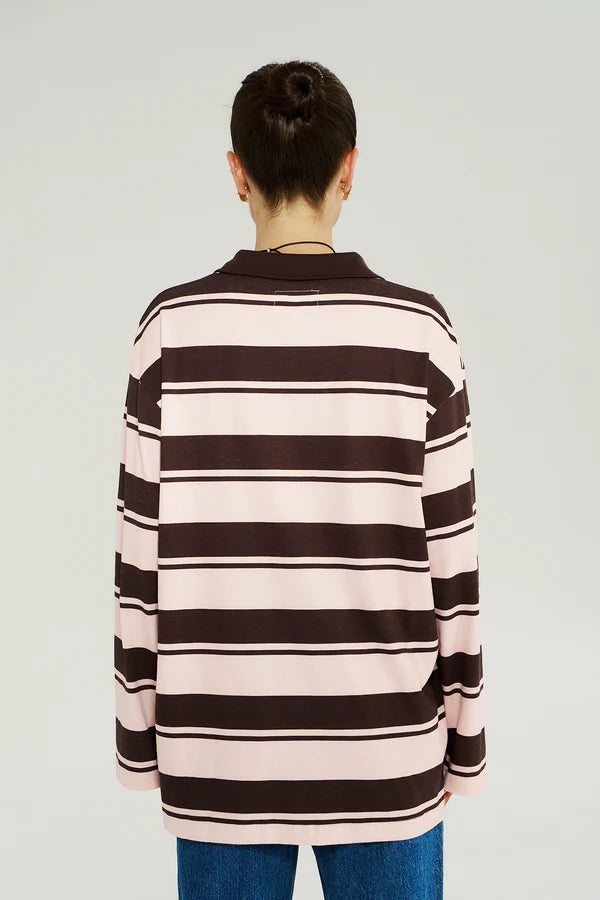 PREORDER - SUMMI SUMMI - LS POLO TOP - CHOC ROSE STRIPE