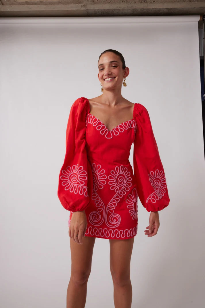 THE WOLF GANG - CARMENSITA EMBRIODERED MINI DRESS - ROJO