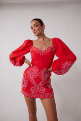 THE WOLF GANG - CARMENSITA EMBRIODERED MINI DRESS - ROJO