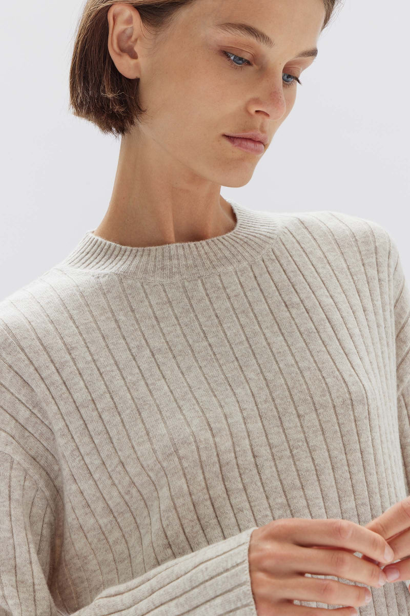 ASSEMBLY LABEL - WOOL CASHMERE RIB LONG SLEEVE TOP - OAT MARLE