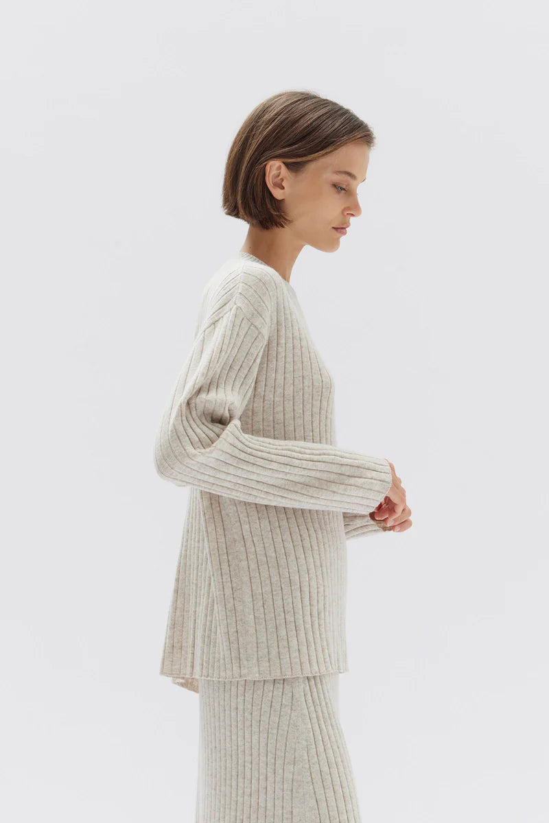 ASSEMBLY LABEL - WOOL CASHMERE RIB LONG SLEEVE TOP - OAT MARLE