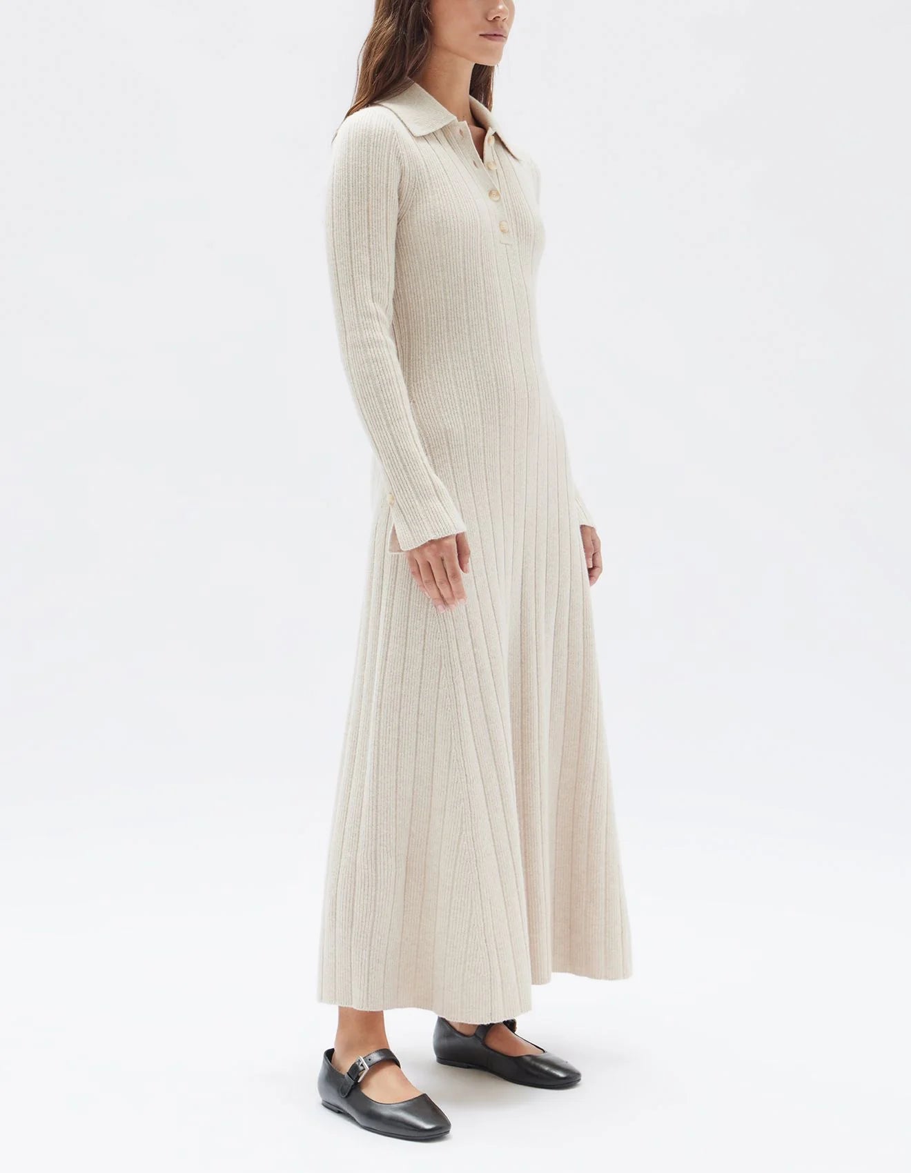 ASSEMBLY LABEL - ASTRAE WOOL RIB MAXI LONG SLEEVE DRESS - OAT MARLE