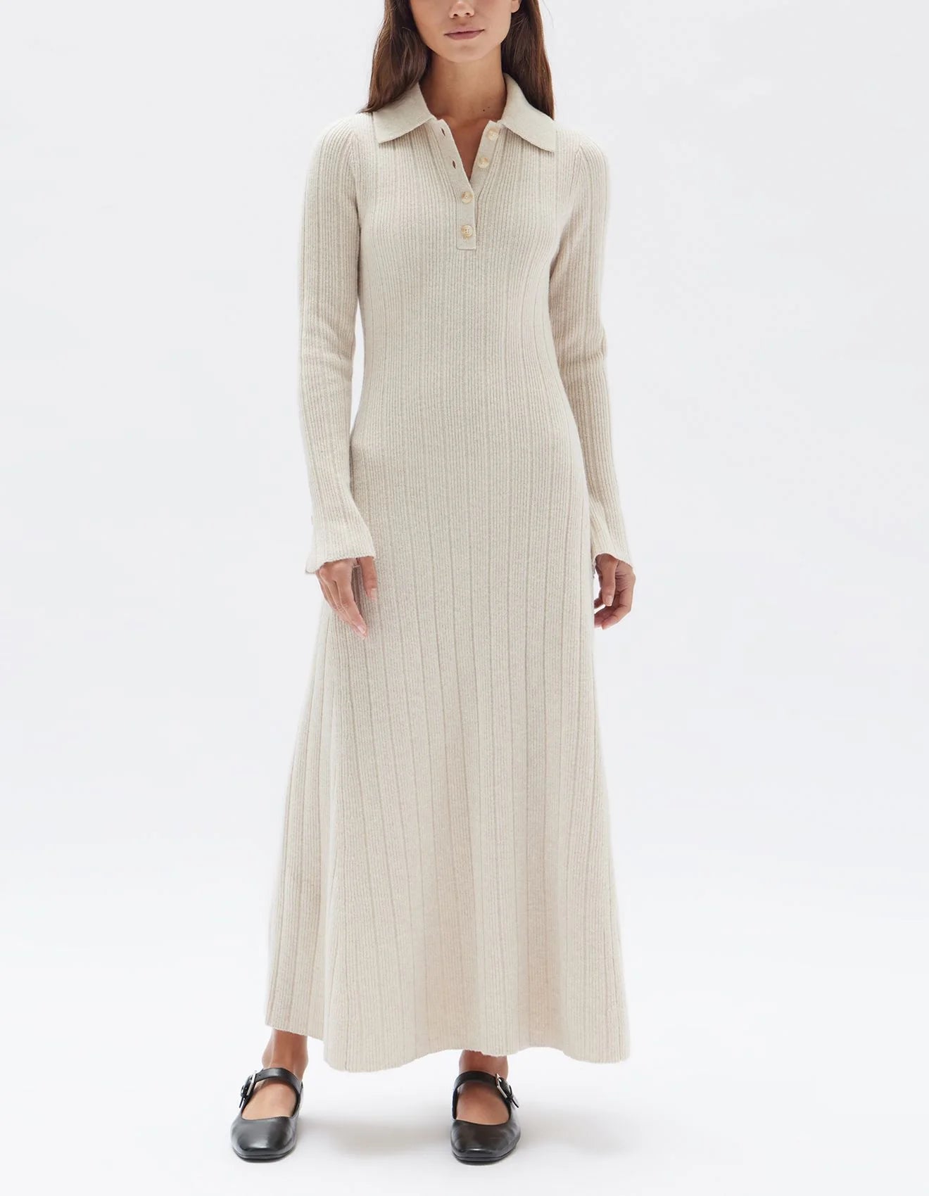 ASSEMBLY LABEL - ASTRAE WOOL RIB MAXI LONG SLEEVE DRESS - OAT MARLE